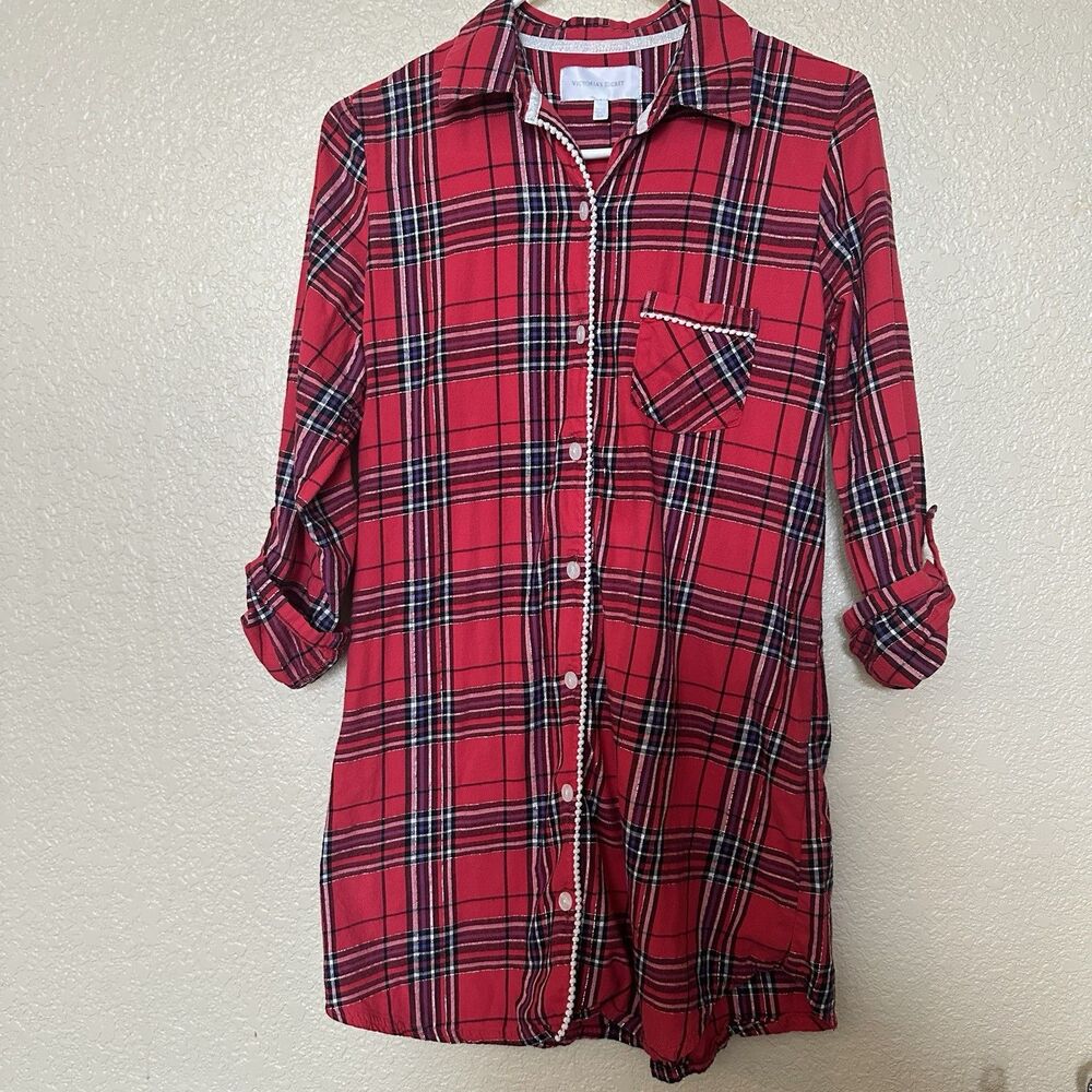 Victoria’s Secret Women’s Red Plaid Button Down Nightgown Nightshirt Small